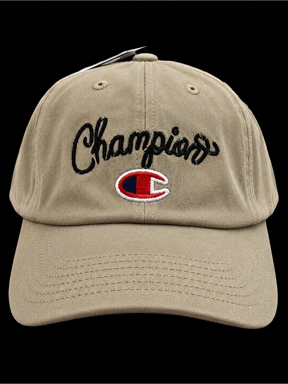 Champion Khaki Script Logo Cap with Red & Blue Emblem